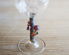 Load image into Gallery viewer, WIne glass with fancy mushroom stem, Scarlet Elf cap
