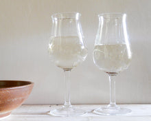 Load image into Gallery viewer, Handblown wine glass with mountain design
