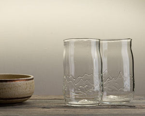 Handblown glass tumbler with mountain design